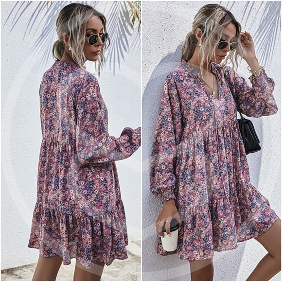 Boho floral print long sleeve v neck ruffle dress - Picture 5 of 9